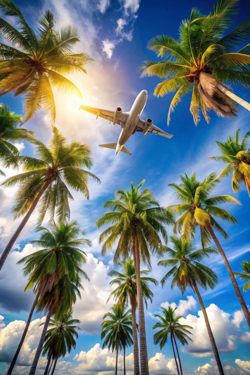 Avion survolant des palmiers