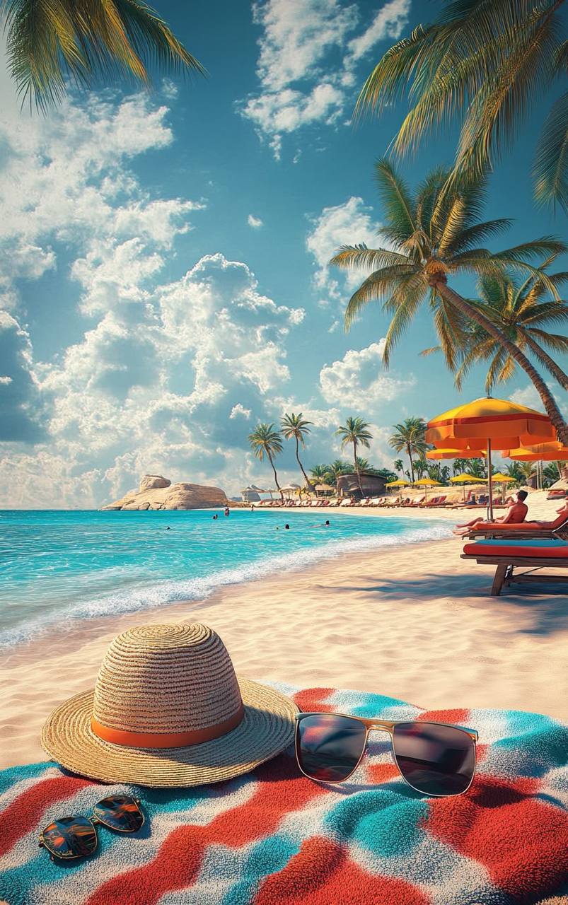 Plage tropicale et parasols