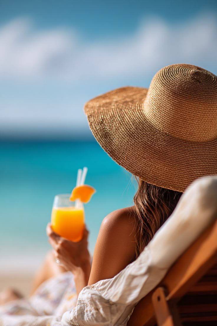 Voyageuse au chapeau sur une plage